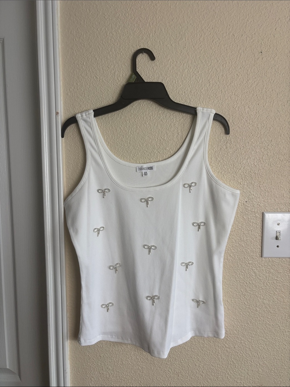 White Embellished Tank Top with Silver Bows